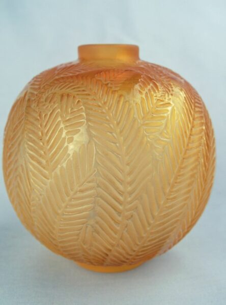 Lalique 'Palmes' yellow opalescent and frosted glass vase number 952.
