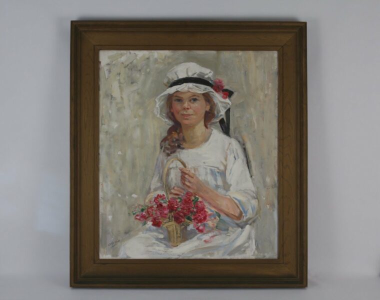 Laura Fidler- British (1862–1936) Portrait of a young girl with flowers.