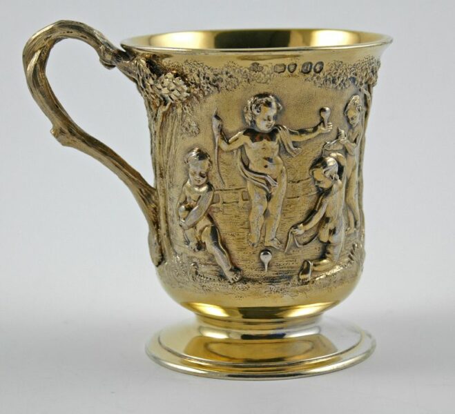 Victorian silver gilt Christening mug- London 1855.