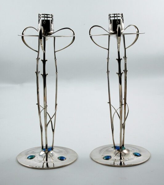 Liberty & Co. Silver and enamel Candlelsticks- Birmingham 1902.