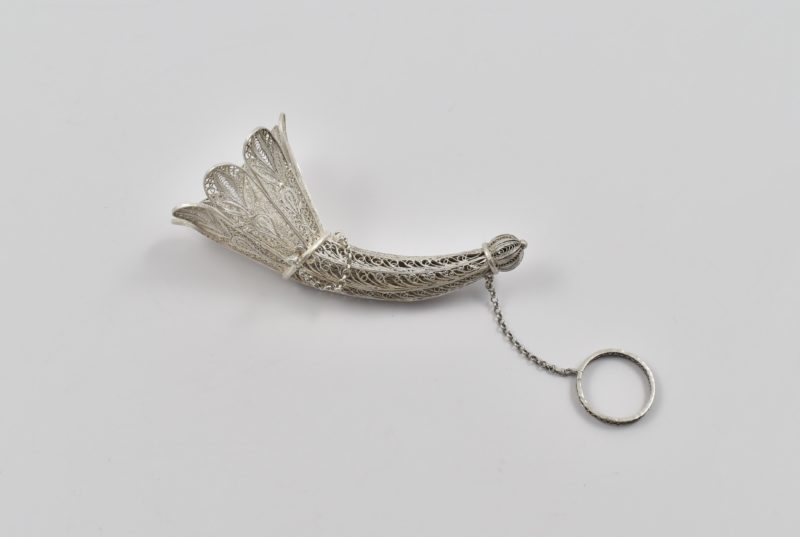 Late 19th century silver filigree posy holder with finger ring and flower pin.