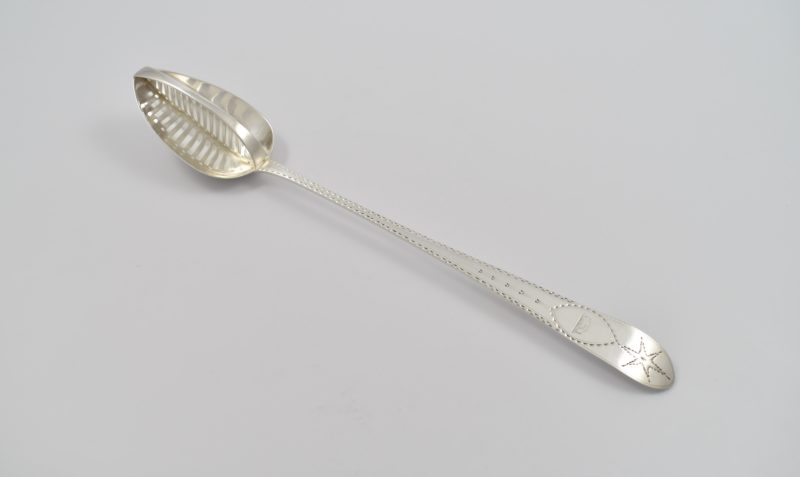 Irish silver straining spoon marked for Dublin 1796 by Law & Bayly.