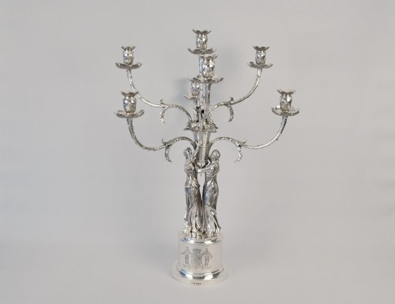 George III silver seven light, figural candelabra, London 1806 by Joseph Preedy.