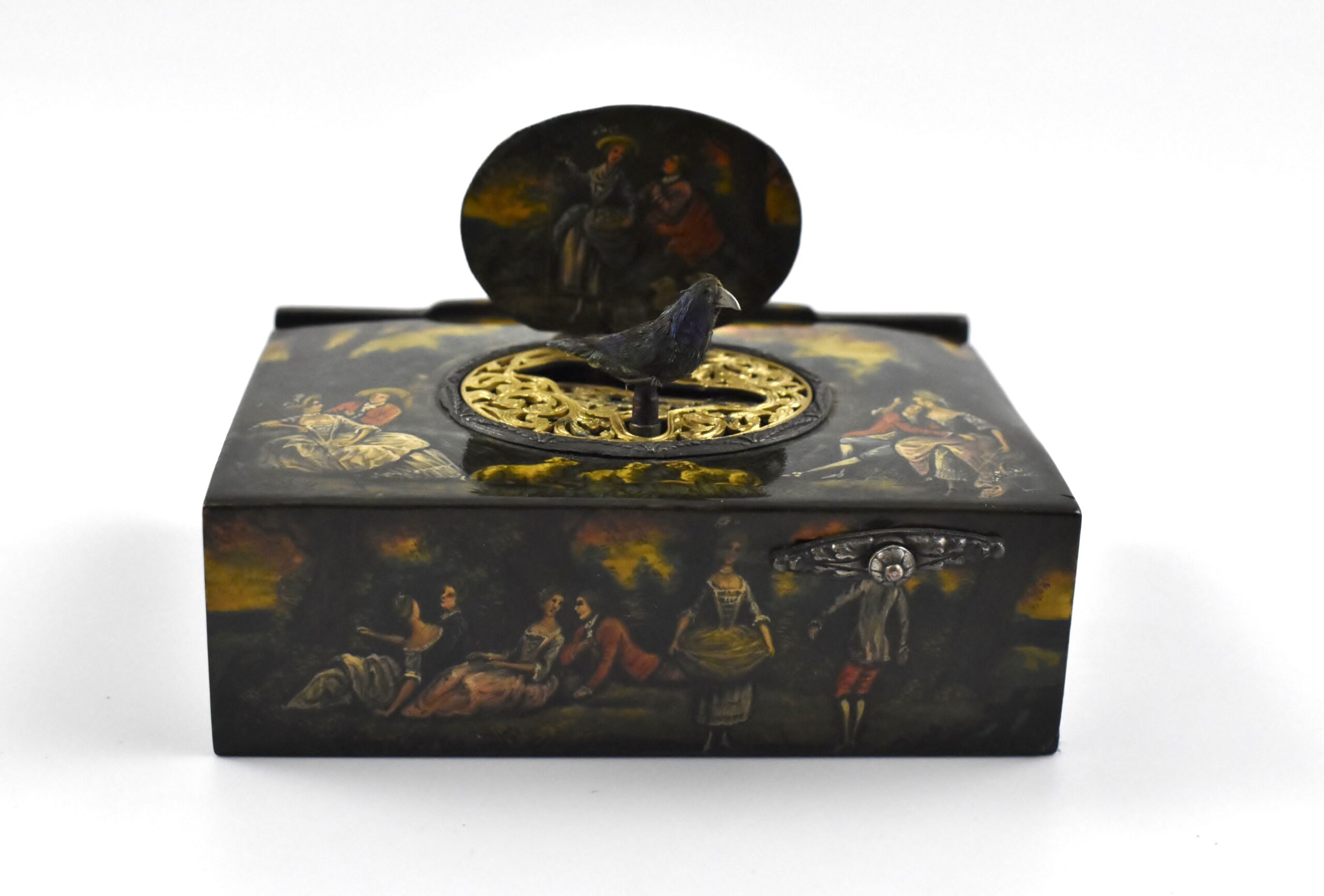 A late 19th century singing bird box decorated with hand painted romantic scenes contained in its original fitted case having a separate compartment for the bird shaped key. - Image 11