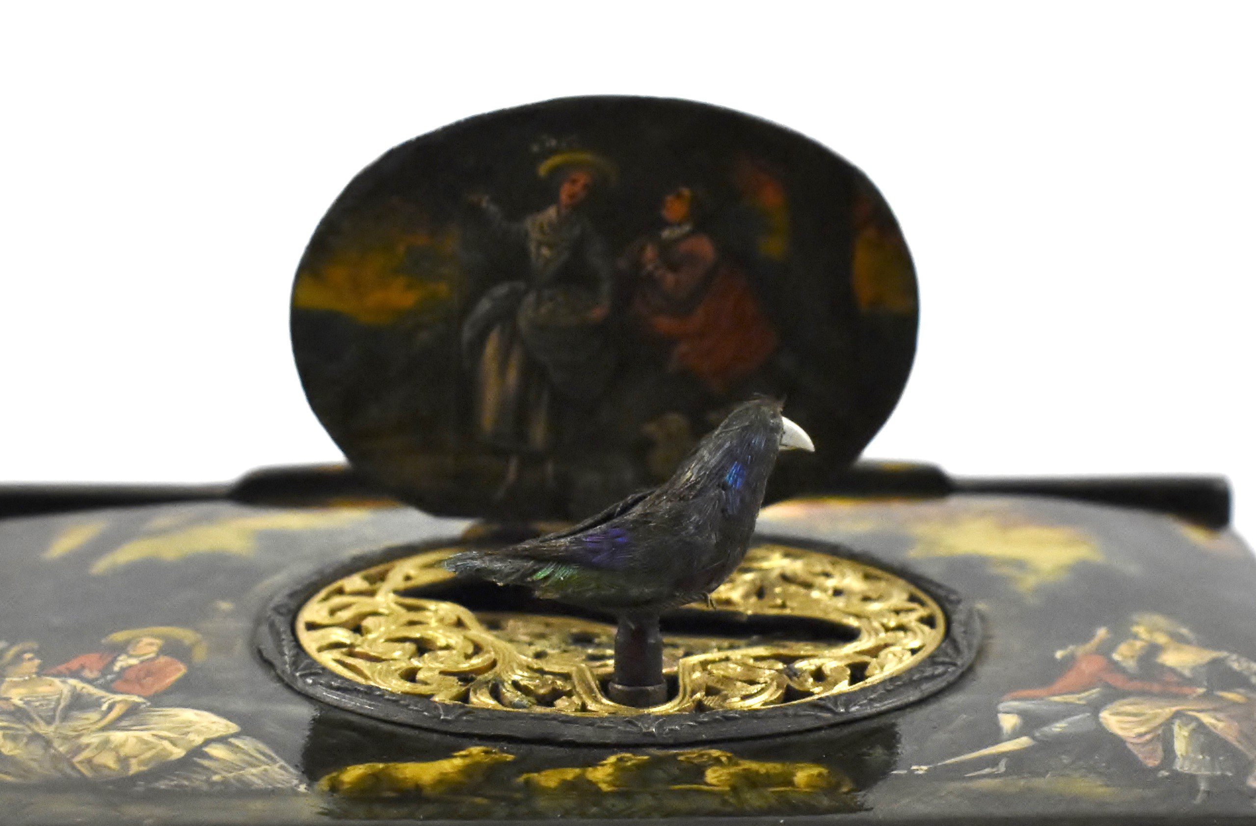 A late 19th century singing bird box decorated with hand painted romantic scenes contained in its original fitted case having a separate compartment for the bird shaped key. - Image 13