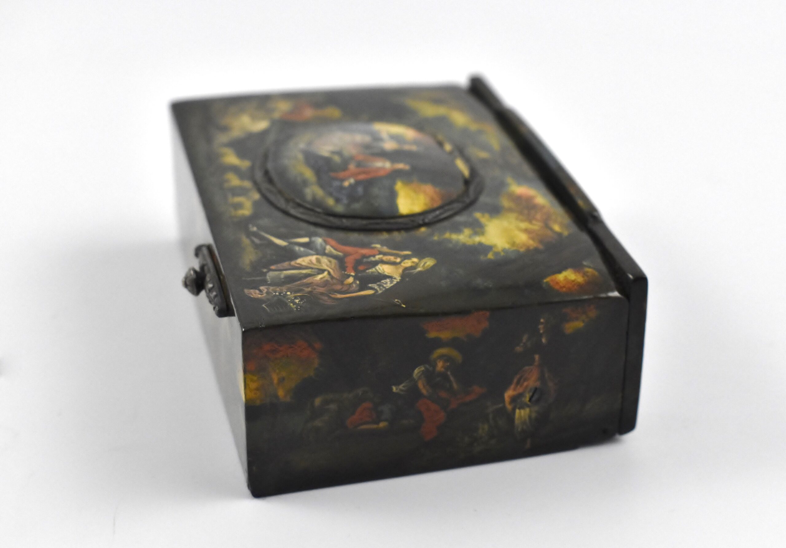 A late 19th century singing bird box decorated with hand painted romantic scenes contained in its original fitted case having a separate compartment for the bird shaped key. - Image 6