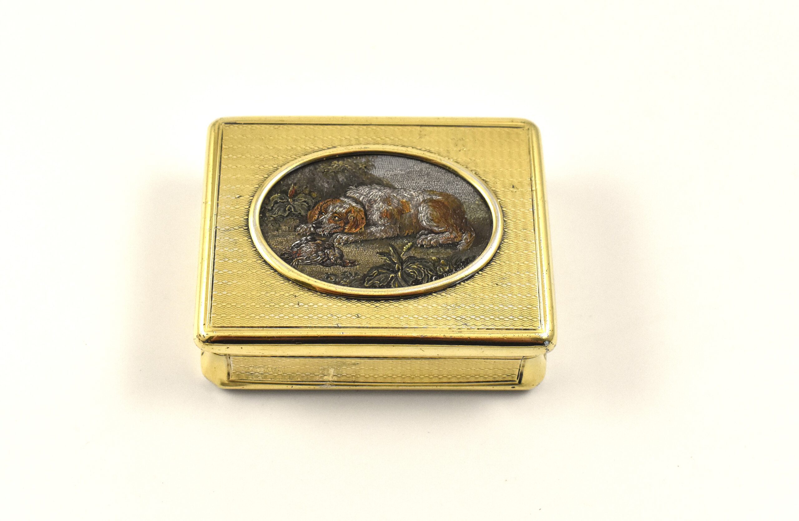 An exceptional silver gilt snuff box marked for London 1813 by Daniel Hockley surmounted with a signed micromosaic made in Rome by Gioacchino Barberi (1772-1857) probably after a painting by Johann Wenzel Peter (1745- 1829).