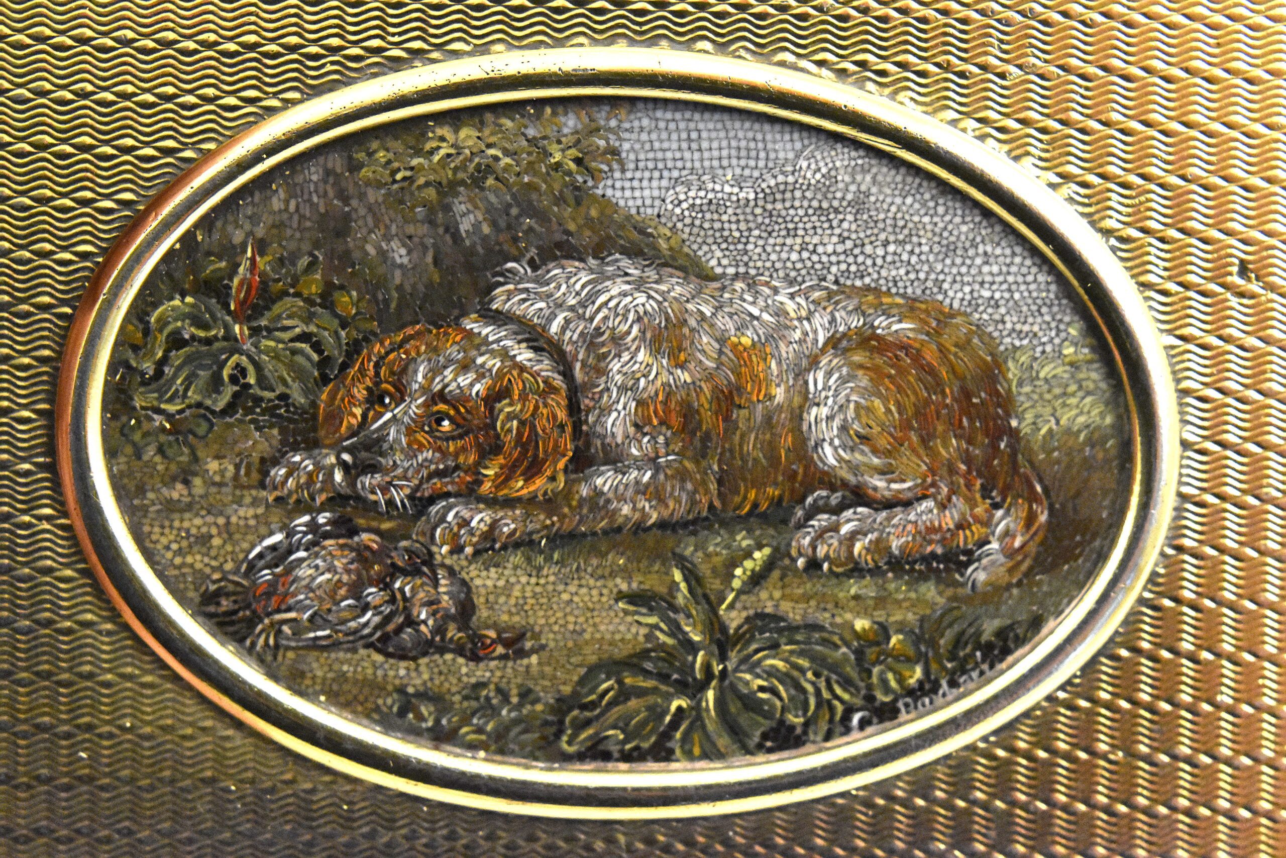 An exceptional silver gilt snuff box marked for London 1813 by Daniel Hockley surmounted with a signed micromosaic made in Rome by Gioacchino Barberi (1772-1857) probably after a painting by Johann Wenzel Peter (1745- 1829). - Image 3