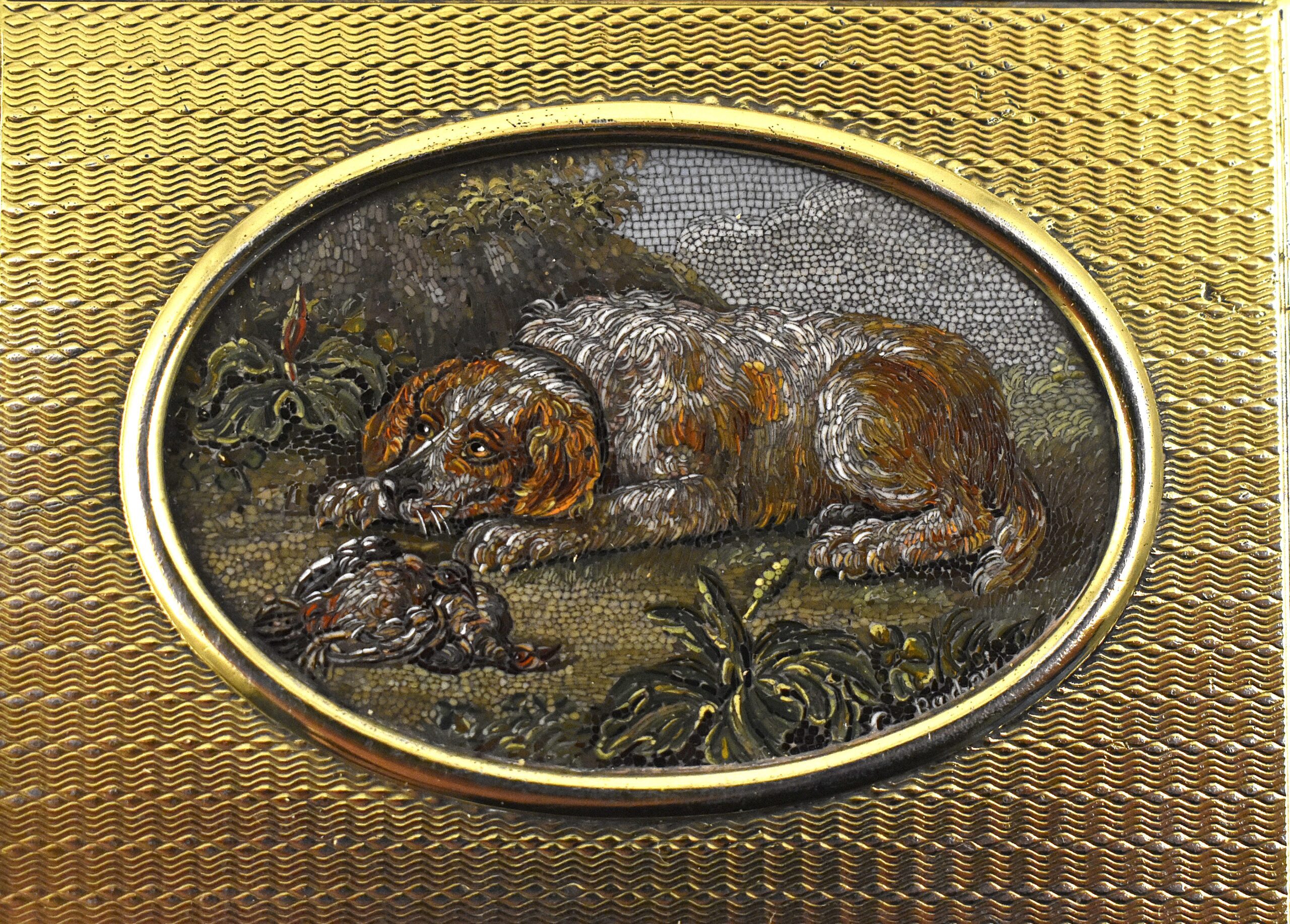 An exceptional silver gilt snuff box marked for London 1813 by Daniel Hockley surmounted with a signed micromosaic made in Rome by Gioacchino Barberi (1772-1857) probably after a painting by Johann Wenzel Peter (1745- 1829). - Image 4