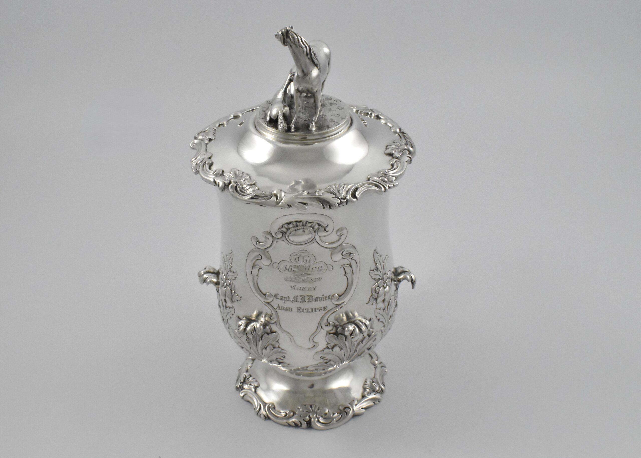 Mid-19th century Indian Colonial silver presentation cup and cover by Hamilton & Co. Inscribed “The 46th Mug Won by Capt F J Davies Arab Eclipse. - Image 4