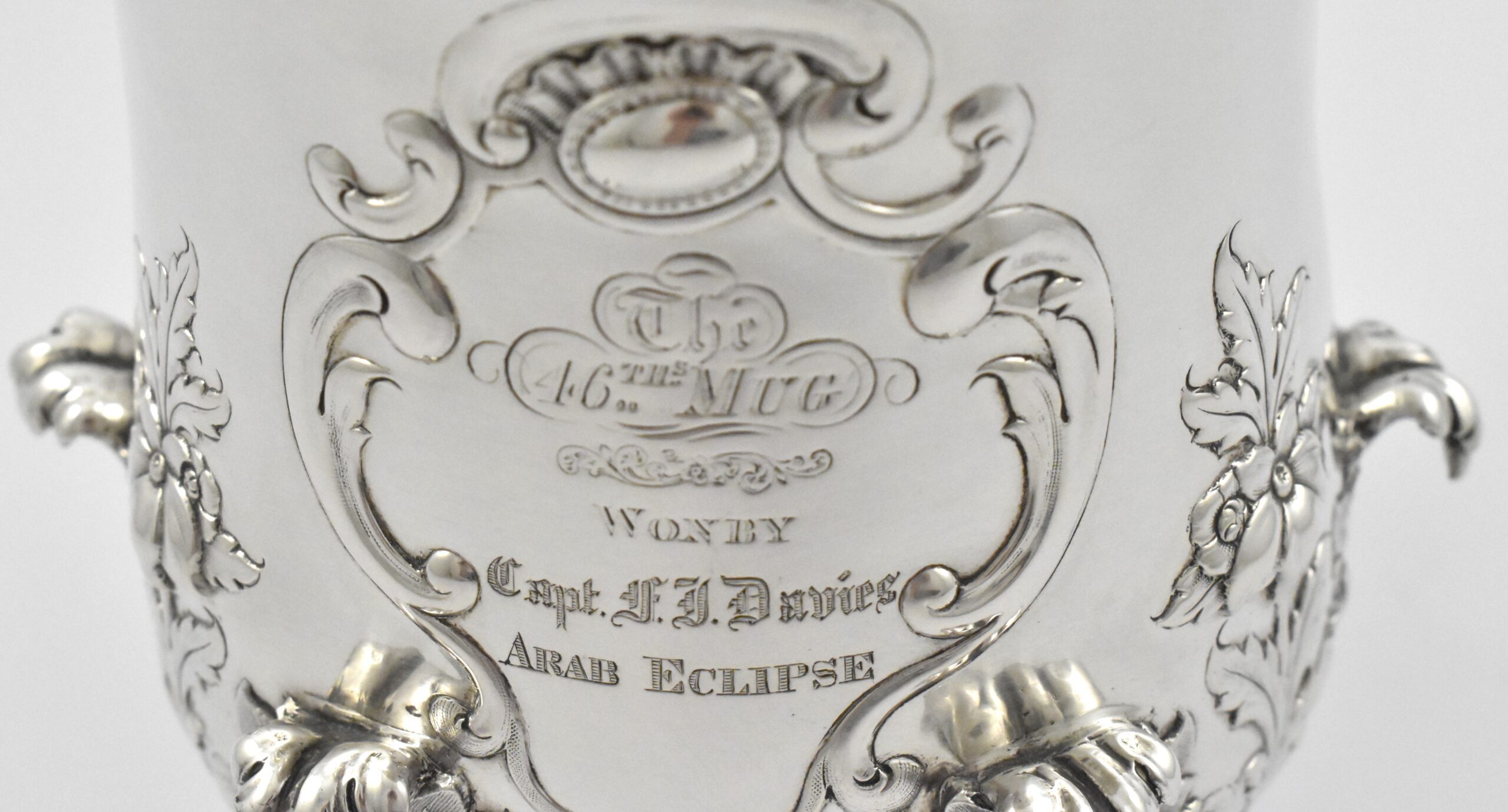 Mid-19th century Indian Colonial silver presentation cup and cover by Hamilton & Co. Inscribed “The 46th Mug Won by Capt F J Davies Arab Eclipse. - Image 5