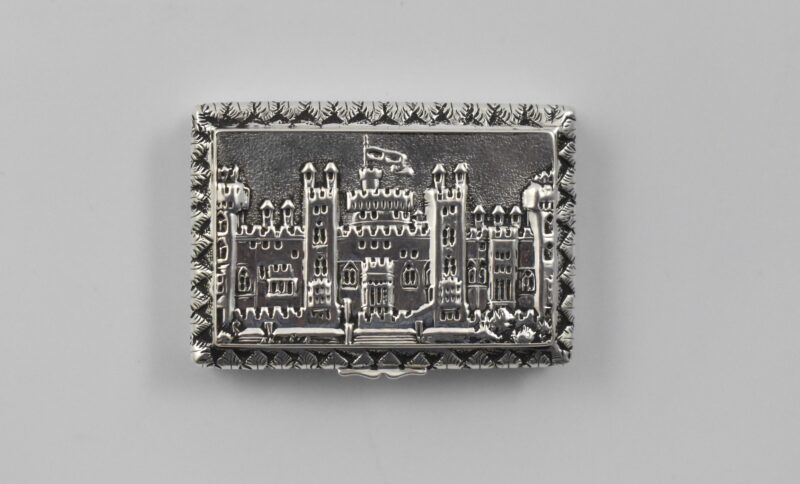 Victorian silver castle-top Vinaigrette marked for Birmingham 1839, with a view of Windsor Castle by John Tongue overstruck by Gervase Wheeler.