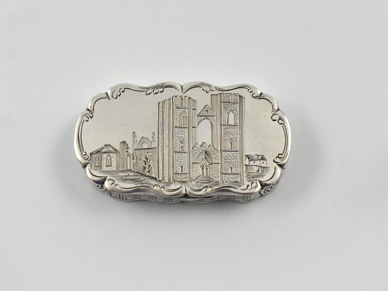 Victorian silver castle top vinaigrette marked for Birmingham 1857, currently unidentified but probably Durham Cathedral by Frederick Marson.