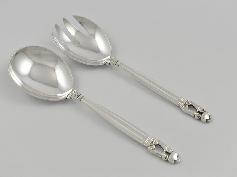 Pair of Georg Jensen ‘925’ silver ‘Acorn pattern’ salad servers with marks used since 1945.