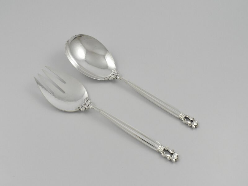 Pair of Georg Jensen ‘925’ silver ‘Acorn pattern’ salad servers with marks used since 1945.