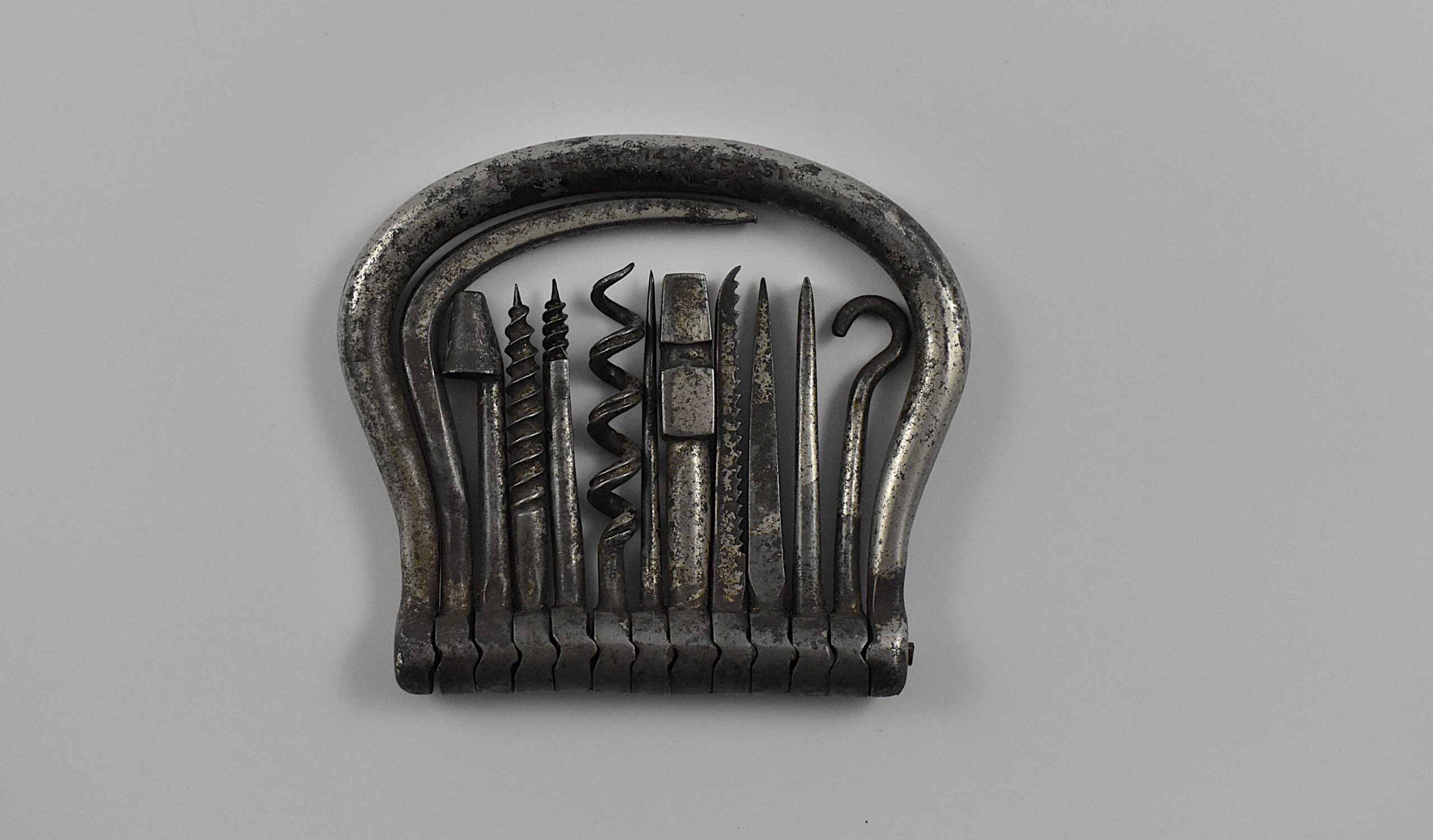 A magnificent English all-steel multi-tool folding bow containing eleven tools marked "C BARRETT 144 FLEET ST”. - Image 2