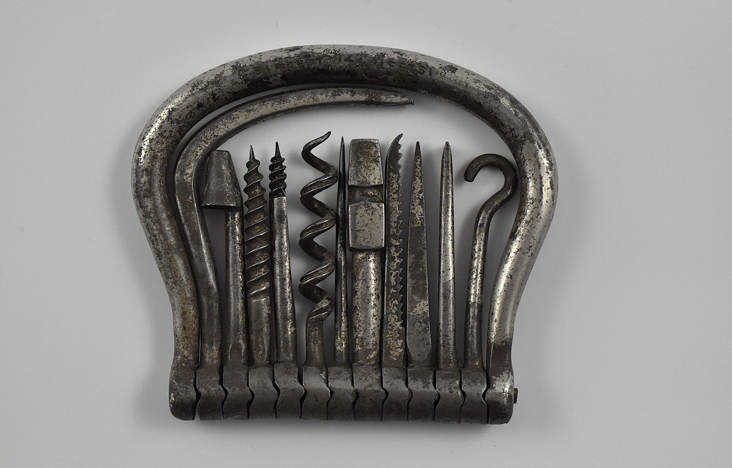 A magnificent English all-steel multi-tool folding bow containing eleven tools marked "C BARRETT 144 FLEET ST”. - Image 3