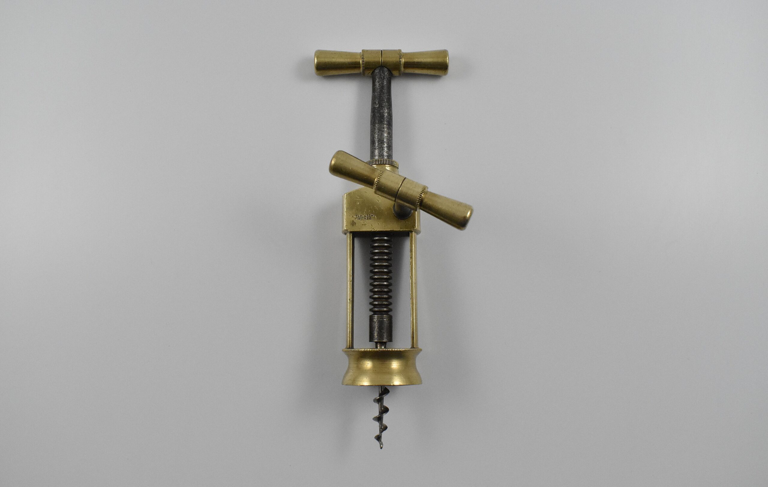 An Italian mechanical brass, two pillar open frame, rack corkscrew marked “A. BARLACCHI FIRENZE” on the frame. - Image 2